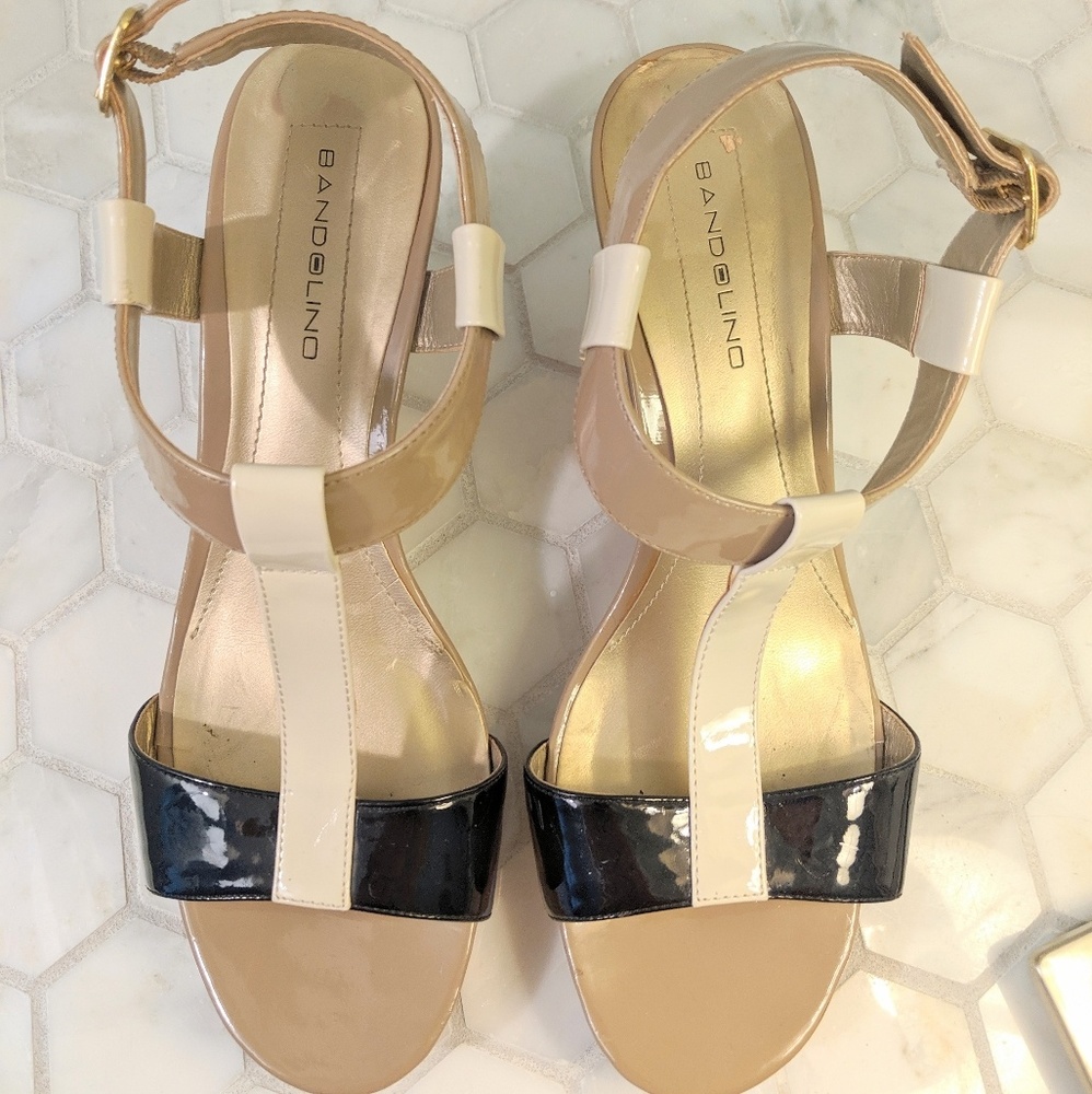 T-strap multi-color Bandolino wedge sandals sz 10
